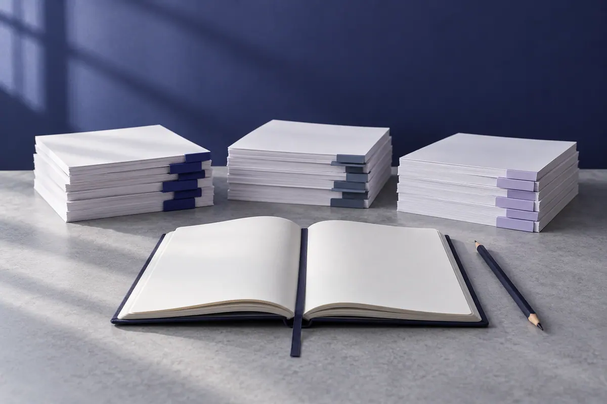 Três pilhas de folhas com separadores e um caderno aberto.